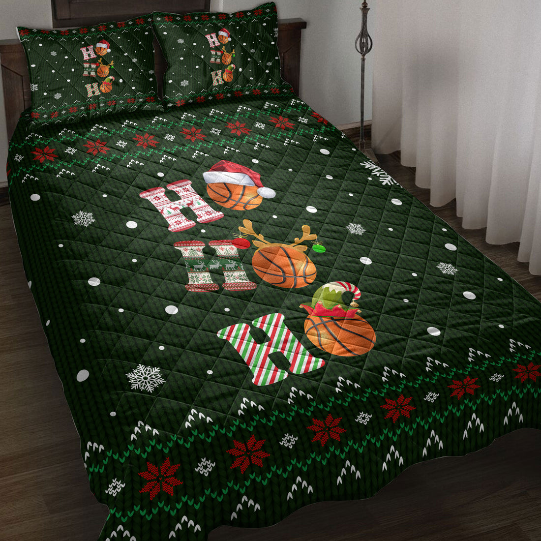 Ohaprints-Quilt-Bed-Set-Pillowcase-Ho-Ho-Ho-Basketball-Santa-Hat-Christmas-Snowflake-Ugly-Pattern-Blanket-Bedspread-Bedding-3809-Throw (55'' x 60'')