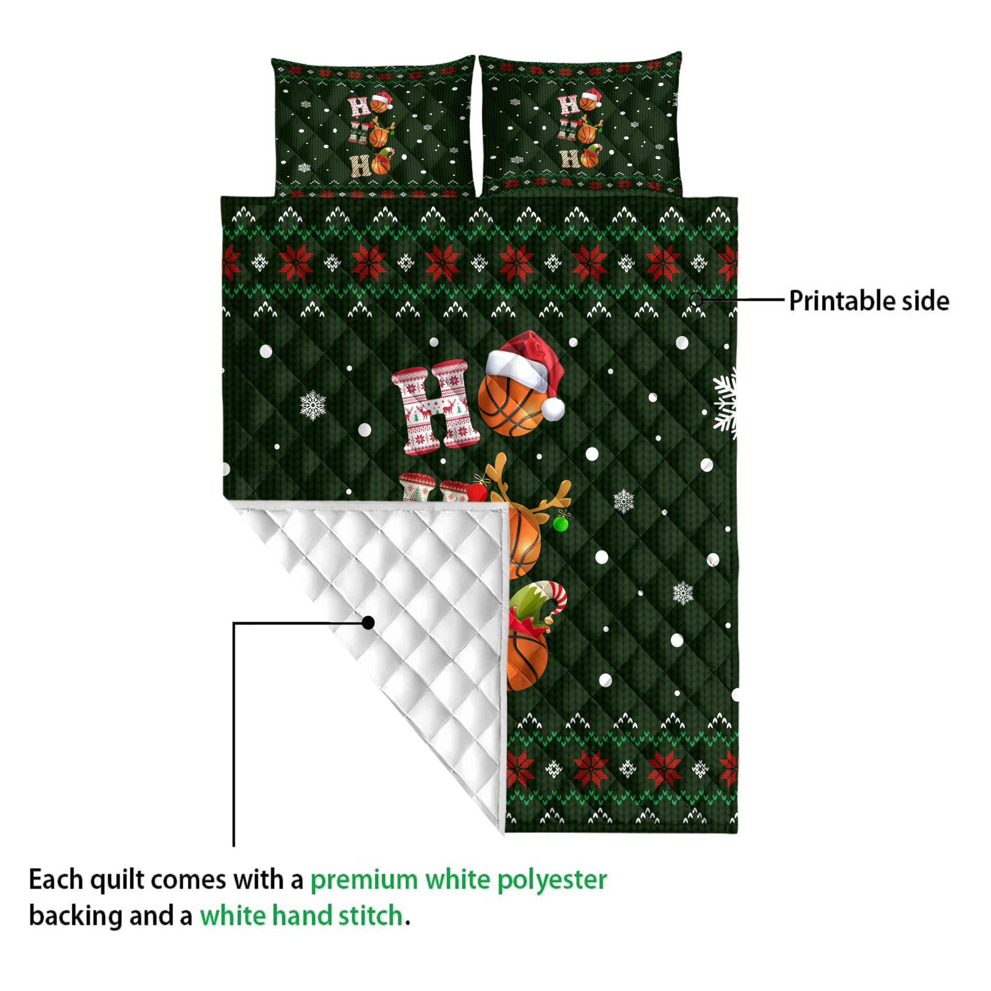 Ohaprints-Quilt-Bed-Set-Pillowcase-Ho-Ho-Ho-Basketball-Santa-Hat-Christmas-Snowflake-Ugly-Pattern-Blanket-Bedspread-Bedding-3809-Queen (80'' x 90'')