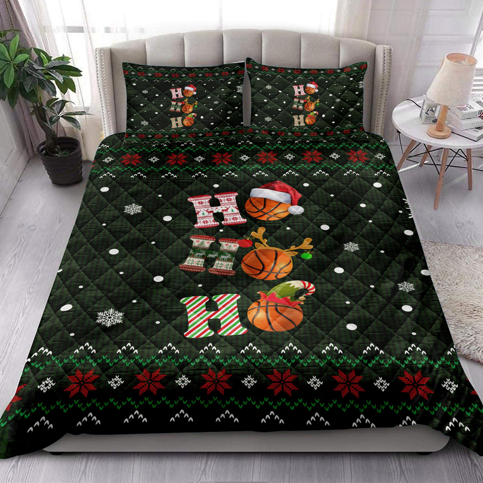 Ohaprints-Quilt-Bed-Set-Pillowcase-Ho-Ho-Ho-Basketball-Santa-Hat-Christmas-Snowflake-Ugly-Pattern-Blanket-Bedspread-Bedding-3809-King (90'' x 100'')