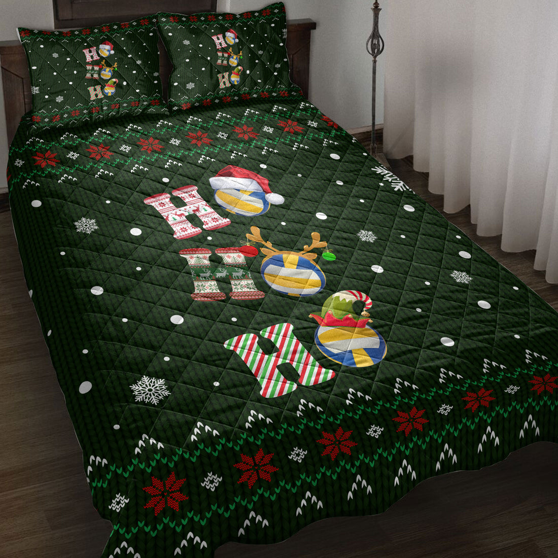 Ohaprints-Quilt-Bed-Set-Pillowcase-Ho-Ho-Ho-Volleyball-Santa-Hat-Christmas-Snowflake-Ugly-Pattern-Blanket-Bedspread-Bedding-3810-Throw (55'' x 60'')