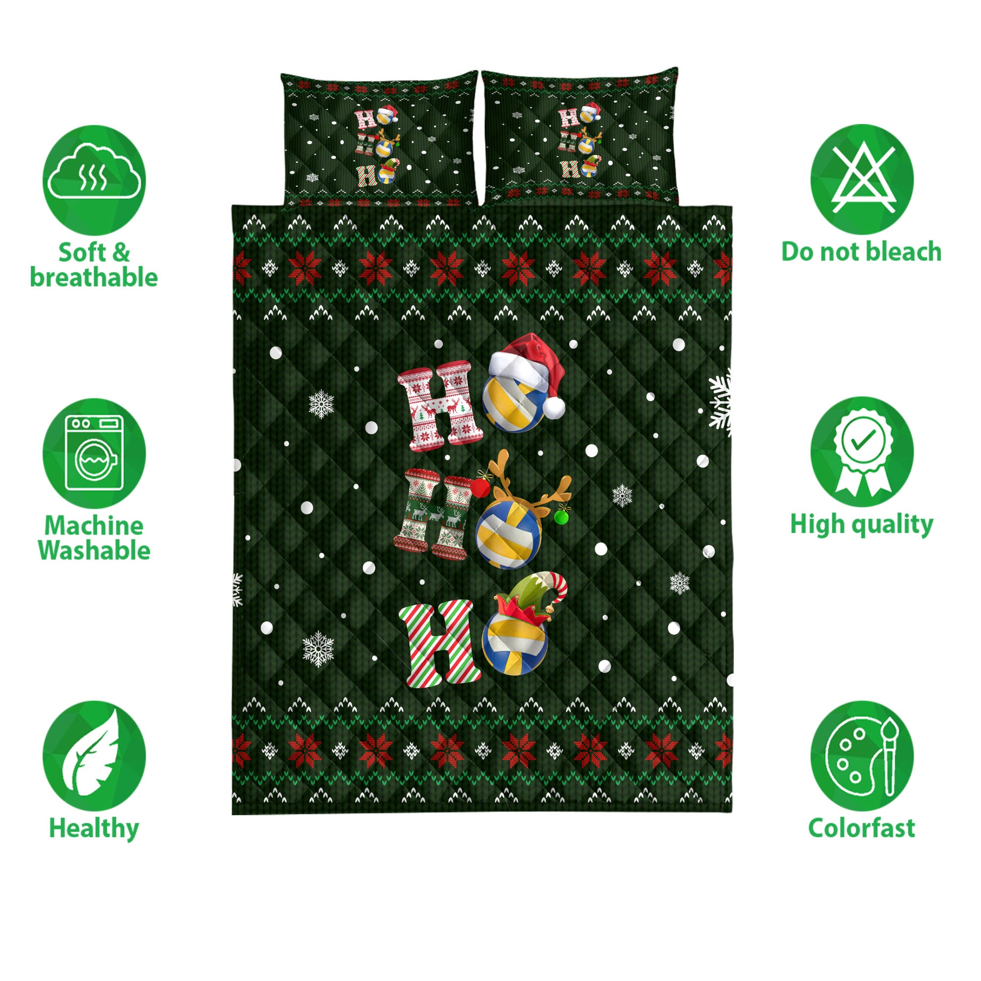 Ohaprints-Quilt-Bed-Set-Pillowcase-Ho-Ho-Ho-Volleyball-Santa-Hat-Christmas-Snowflake-Ugly-Pattern-Blanket-Bedspread-Bedding-3810-Double (70'' x 80'')