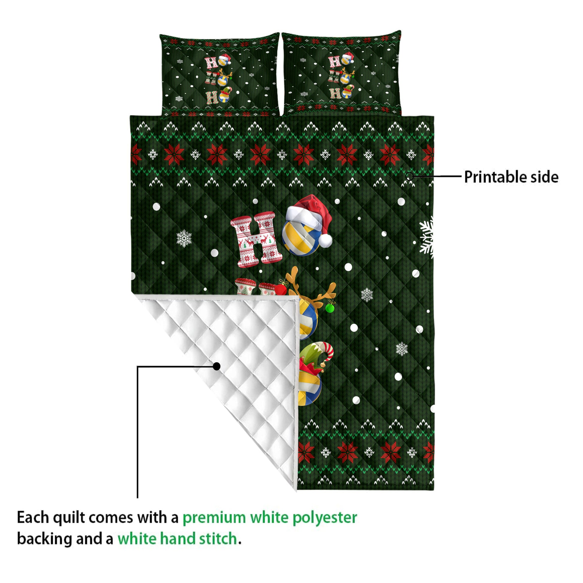 Ohaprints-Quilt-Bed-Set-Pillowcase-Ho-Ho-Ho-Volleyball-Santa-Hat-Christmas-Snowflake-Ugly-Pattern-Blanket-Bedspread-Bedding-3810-Queen (80'' x 90'')