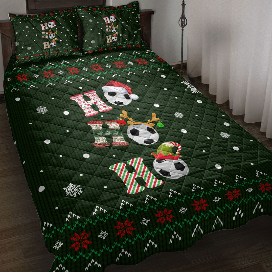 Ohaprints-Quilt-Bed-Set-Pillowcase-Ho-Ho-Ho-Soccer-Santa-Hat-Christmas-Snowflake-Ugly-Pattern-Blanket-Bedspread-Bedding-3812-Throw (55'' x 60'')