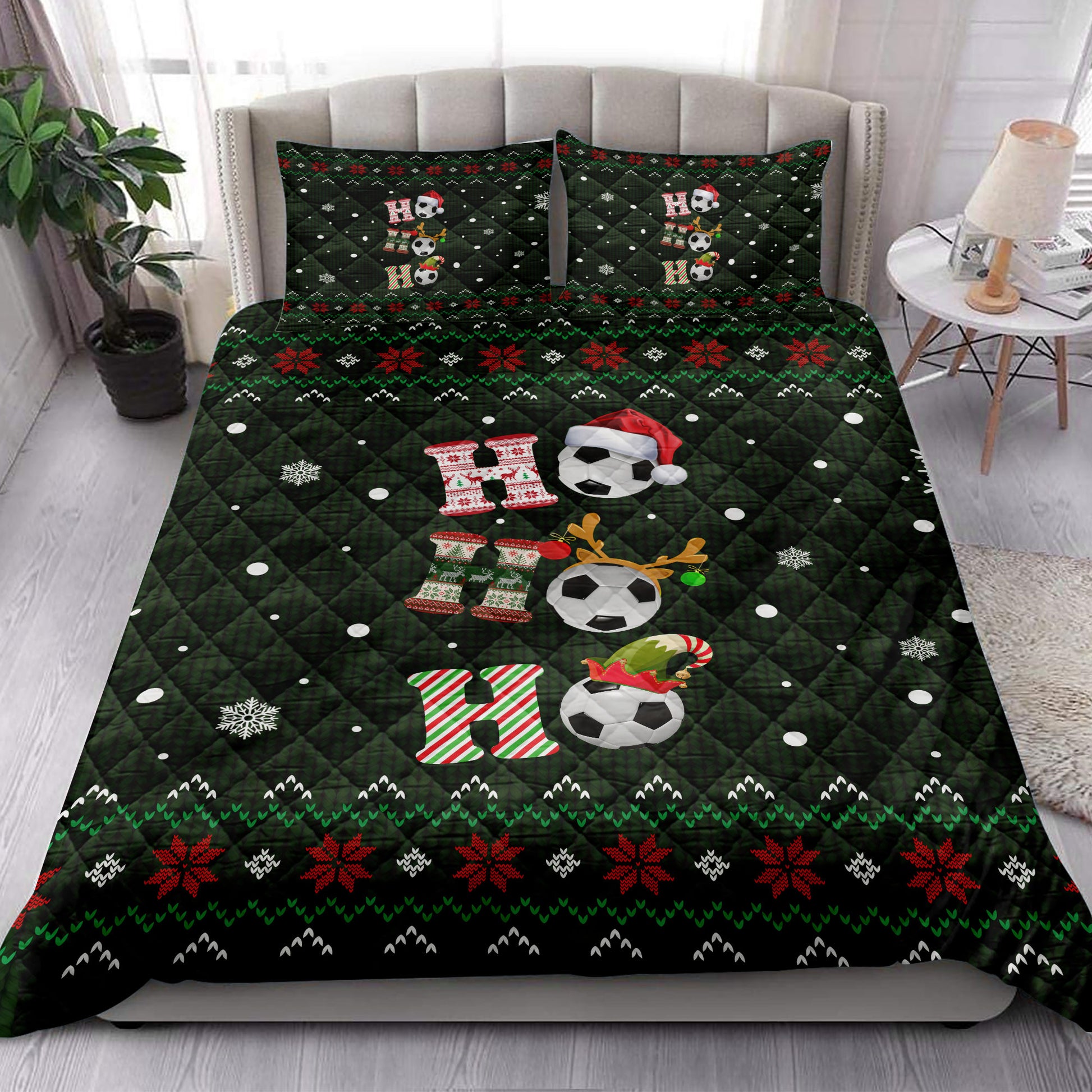 Ohaprints-Quilt-Bed-Set-Pillowcase-Ho-Ho-Ho-Soccer-Santa-Hat-Christmas-Snowflake-Ugly-Pattern-Blanket-Bedspread-Bedding-3812-King (90'' x 100'')