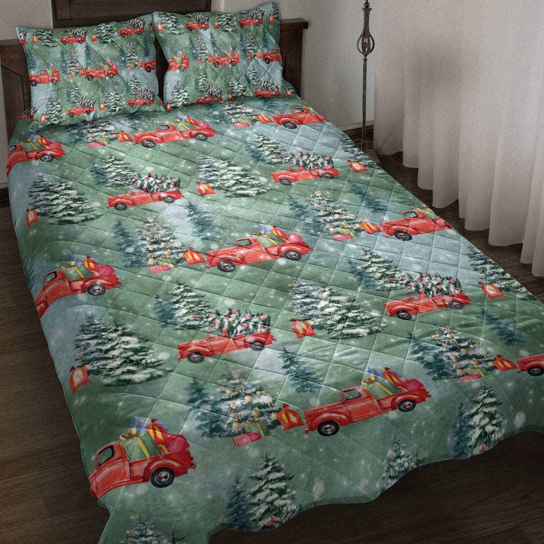 Ohaprints-Quilt-Bed-Set-Pillowcase-Old-Red-Truck-Car-Christmas-Tree-Pine-Tree-Winter-Holiday-Blanket-Bedspread-Bedding-3814-Throw (55'' x 60'')