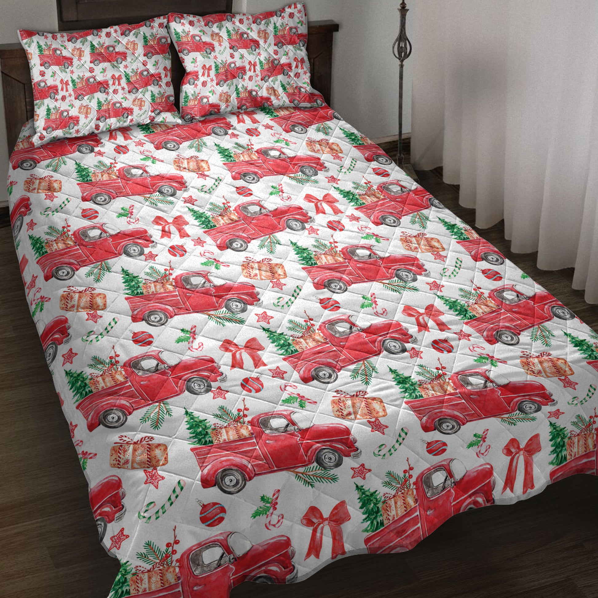 Ohaprints-Quilt-Bed-Set-Pillowcase-Christmas-Red-Truck-Pine-Trees-Winter-Holiday-Snowy-Tree-Forest-Blanket-Bedspread-Bedding-3815-Throw (55'' x 60'')