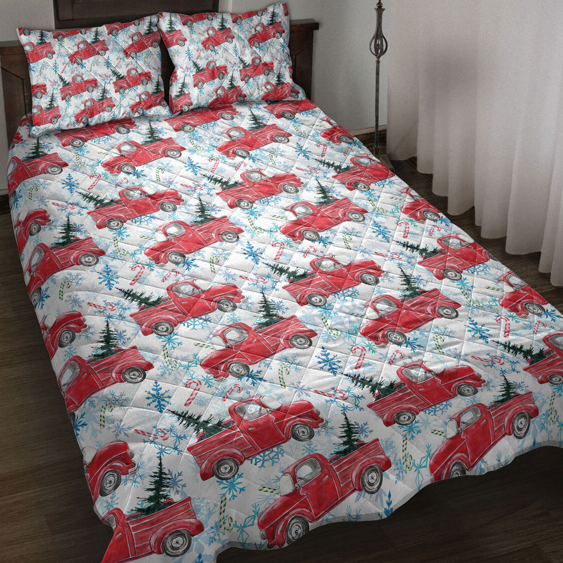 Ohaprints-Quilt-Bed-Set-Pillowcase-Christmas-Red-Truck-Candy-Cane-Snowflake-Fir-Tree-Pine-Tree-Winter-Blanket-Bedspread-Bedding-3816-Throw (55'' x 60'')