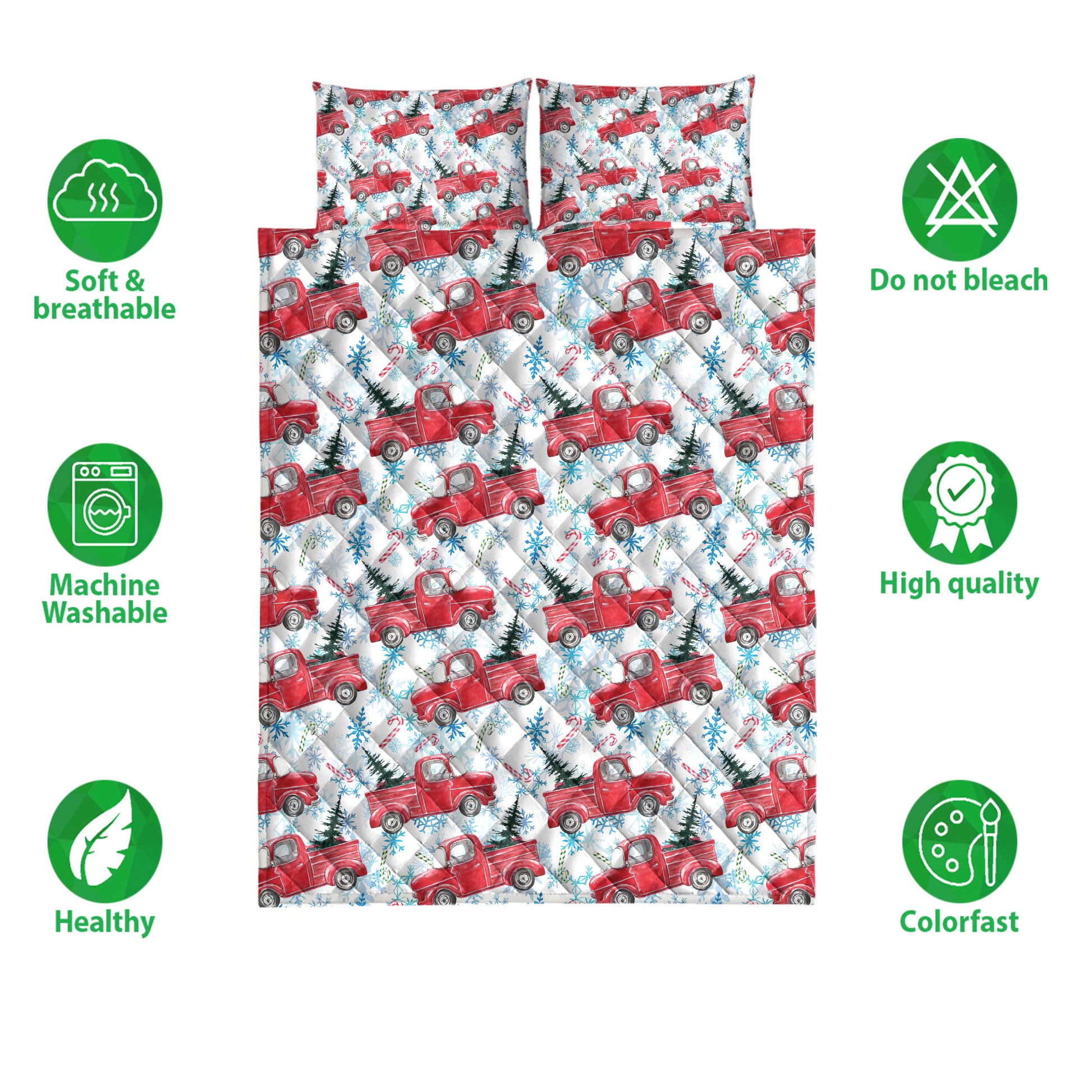 Ohaprints-Quilt-Bed-Set-Pillowcase-Christmas-Red-Truck-Candy-Cane-Snowflake-Fir-Tree-Pine-Tree-Winter-Blanket-Bedspread-Bedding-3816-Double (70'' x 80'')