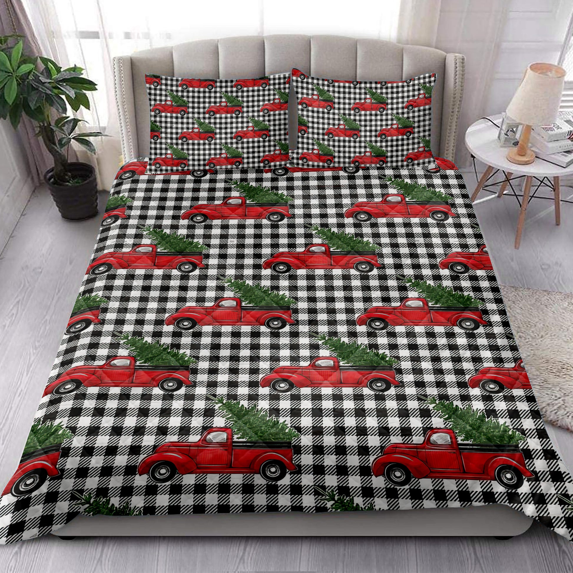 Ohaprints-Quilt-Bed-Set-Pillowcase-Christmas-Red-Truck-Pine-Trees-Buffalo-Plaid-Winter-Holiday-Blanket-Bedspread-Bedding-3817-King (90'' x 100'')