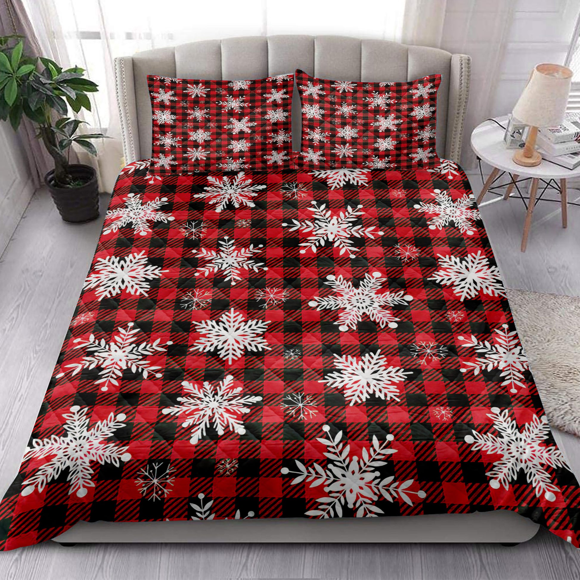 Ohaprints-Quilt-Bed-Set-Pillowcase-Christmas-Snowflake-Red-Buffalo-Plaid-Winter-Holiday-Blanket-Bedspread-Bedding-3818-King (90'' x 100'')