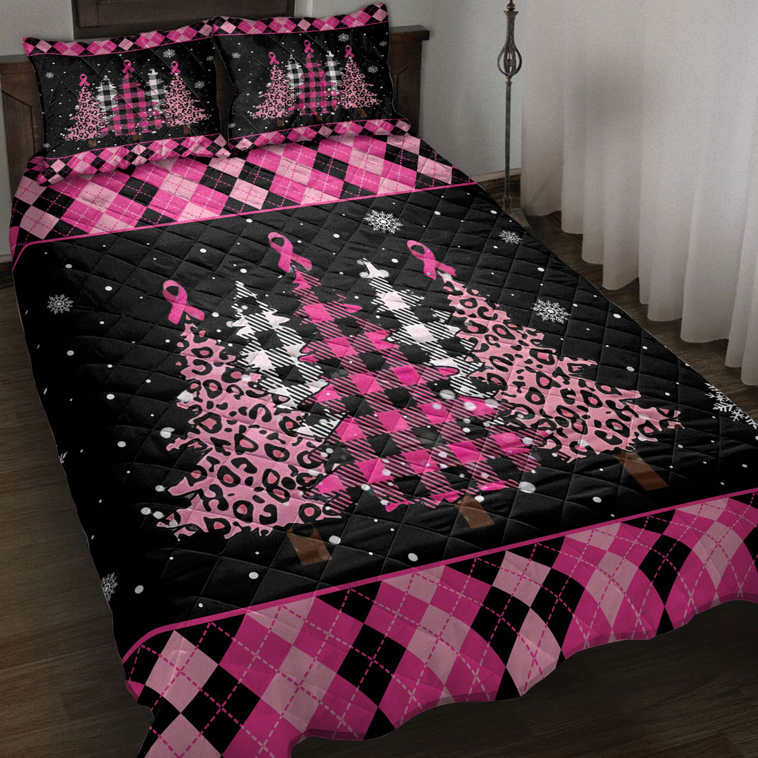 Ohaprints-Quilt-Bed-Set-Pillowcase-Breast-Cancer-Awareness-Christmas-Tree-Snowflake-Pink-Ribbon-Blanket-Bedspread-Bedding-3834-Throw (55'' x 60'')