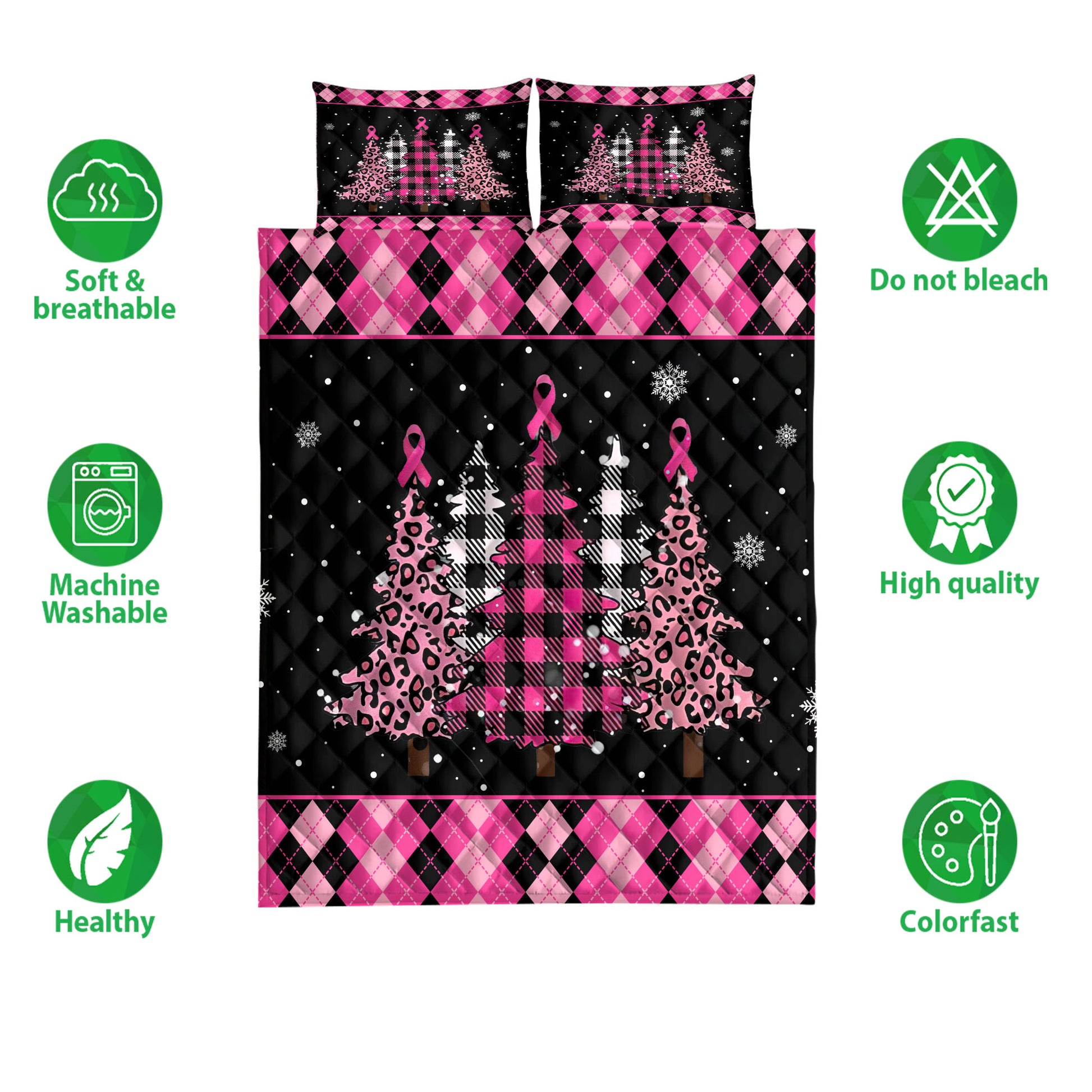 Ohaprints-Quilt-Bed-Set-Pillowcase-Breast-Cancer-Awareness-Christmas-Tree-Snowflake-Pink-Ribbon-Blanket-Bedspread-Bedding-3834-Double (70'' x 80'')