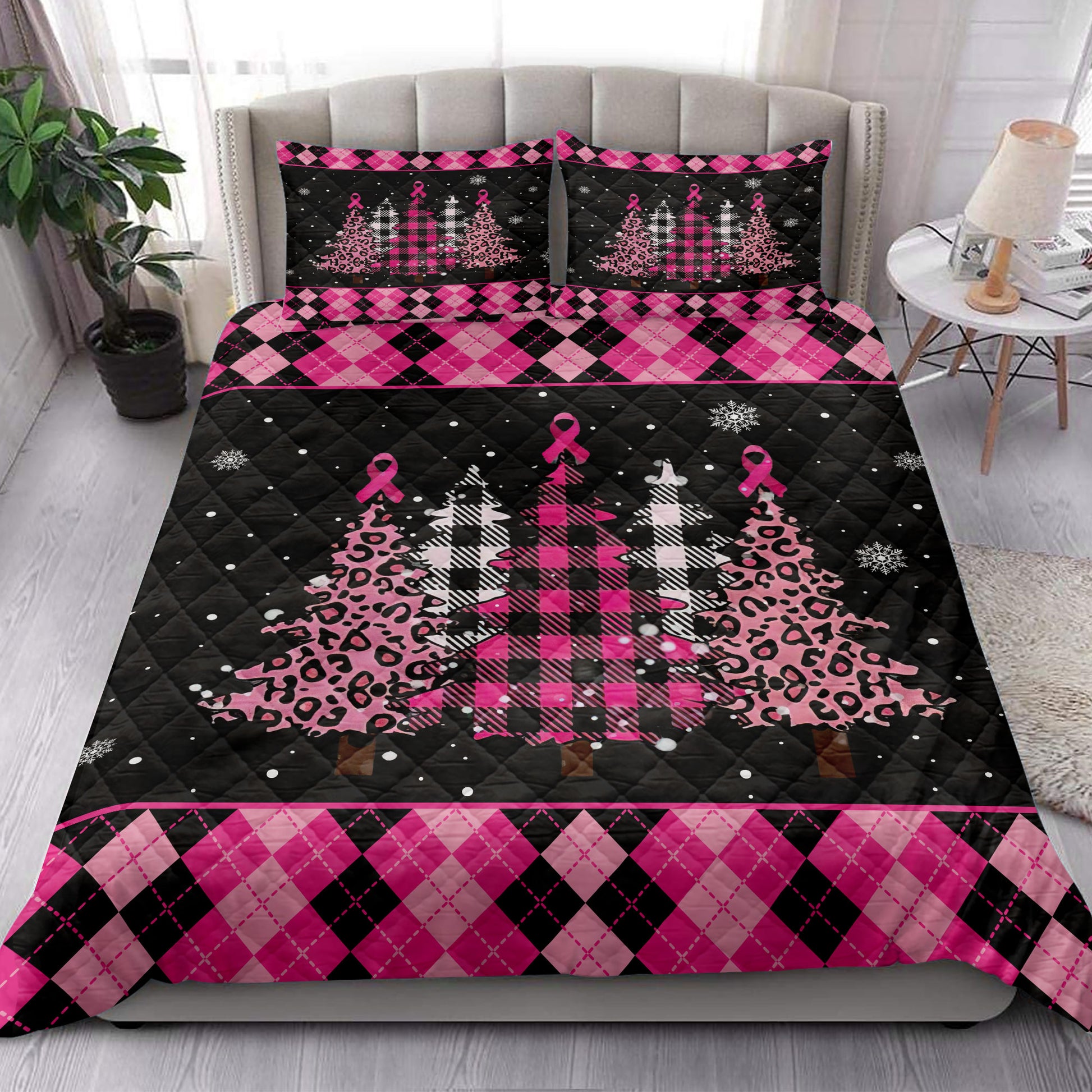 Ohaprints-Quilt-Bed-Set-Pillowcase-Breast-Cancer-Awareness-Christmas-Tree-Snowflake-Pink-Ribbon-Blanket-Bedspread-Bedding-3834-King (90'' x 100'')