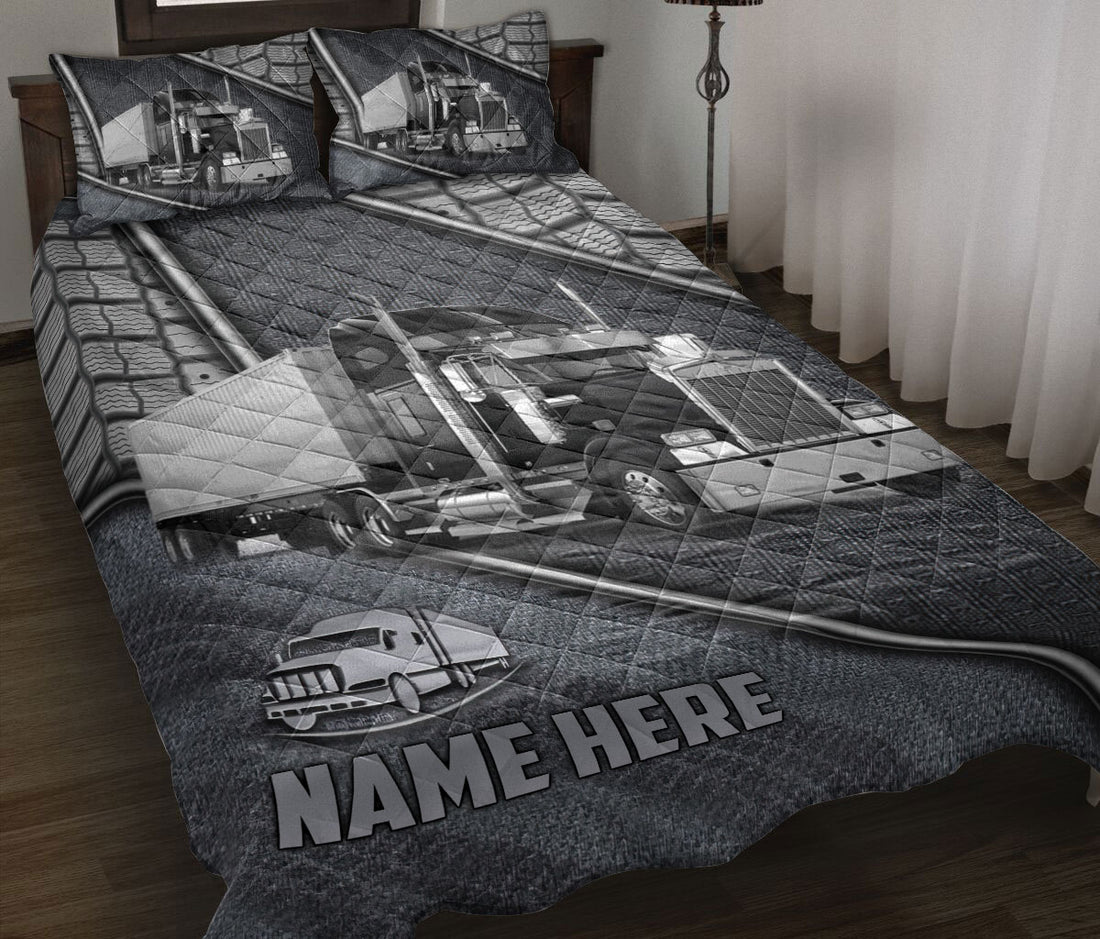 Ohaprints-Quilt-Bed-Set-Pillowcase-Black-Truck-Driver-Silver-Metal-Trucker-Custom-Personalized-Name-Blanket-Bedspread-Bedding-3528-Throw (55'' x 60'')