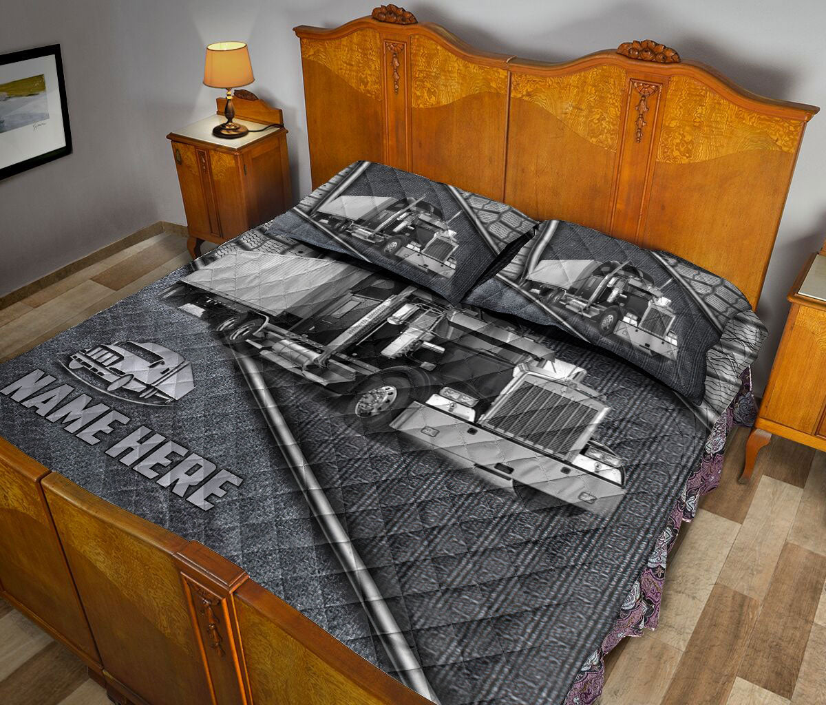 Ohaprints-Quilt-Bed-Set-Pillowcase-Black-Truck-Driver-Silver-Metal-Trucker-Custom-Personalized-Name-Blanket-Bedspread-Bedding-3528-King (90'' x 100'')