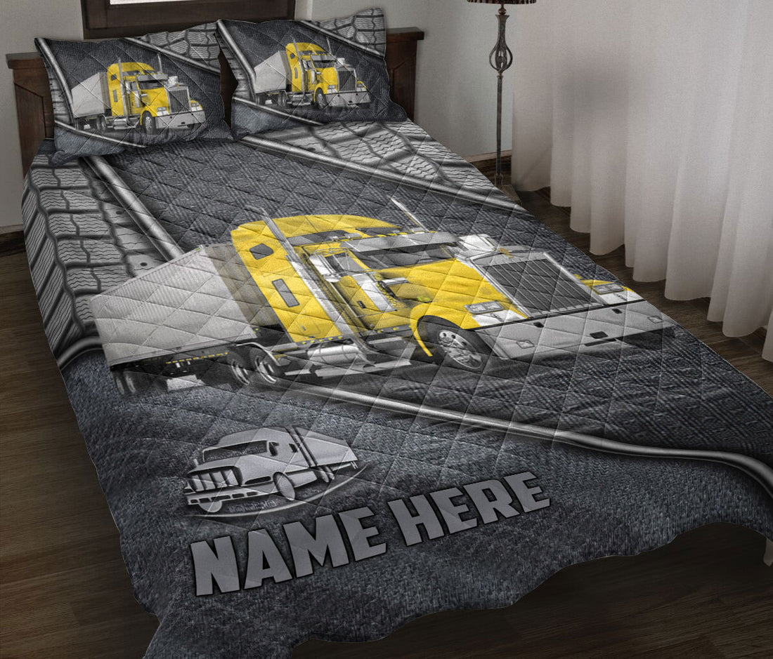 Ohaprints-Quilt-Bed-Set-Pillowcase-Yellow-Truck-Driver-Trucker-Silver-Metal-Custom-Personalized-Name-Blanket-Bedspread-Bedding-3529-Throw (55'' x 60'')