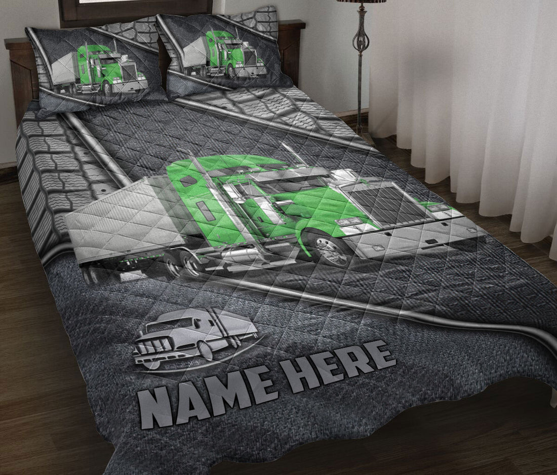 Ohaprints-Quilt-Bed-Set-Pillowcase-Green-Truck-Driver-Trucker-Silver-Metal-Custom-Personalized-Name-Blanket-Bedspread-Bedding-3530-Throw (55'' x 60'')