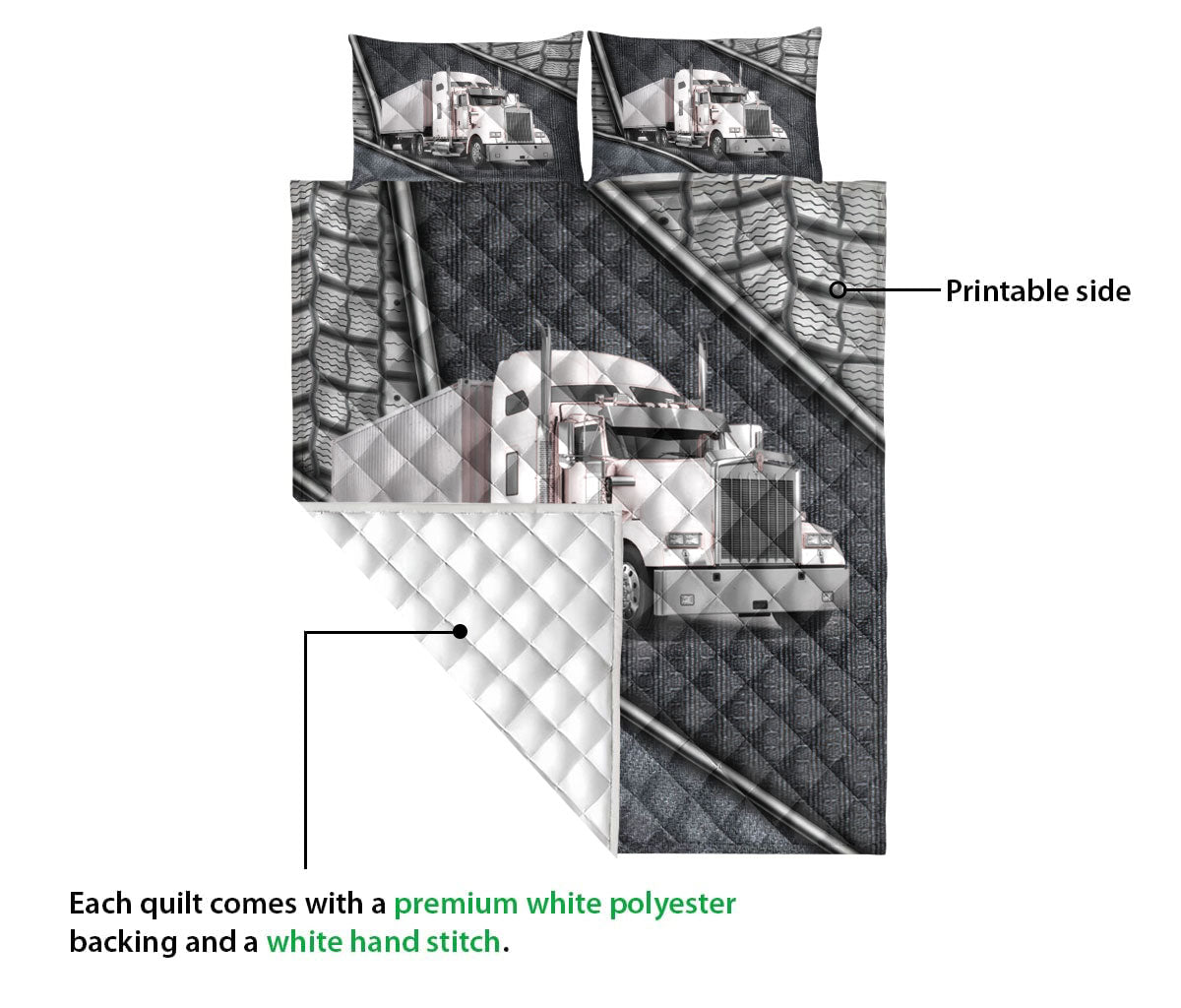 Ohaprints-Quilt-Bed-Set-Pillowcase-White-Truck-Driver-Trucker-Silver-Metal-Custom-Personalized-Name-Blanket-Bedspread-Bedding-3531-Queen (80'' x 90'')