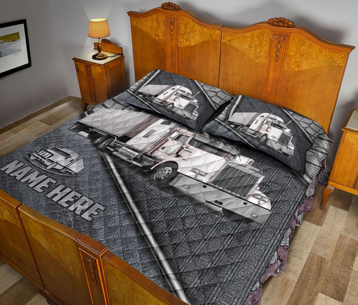 Ohaprints-Quilt-Bed-Set-Pillowcase-White-Truck-Driver-Trucker-Silver-Metal-Custom-Personalized-Name-Blanket-Bedspread-Bedding-3531-King (90'' x 100'')