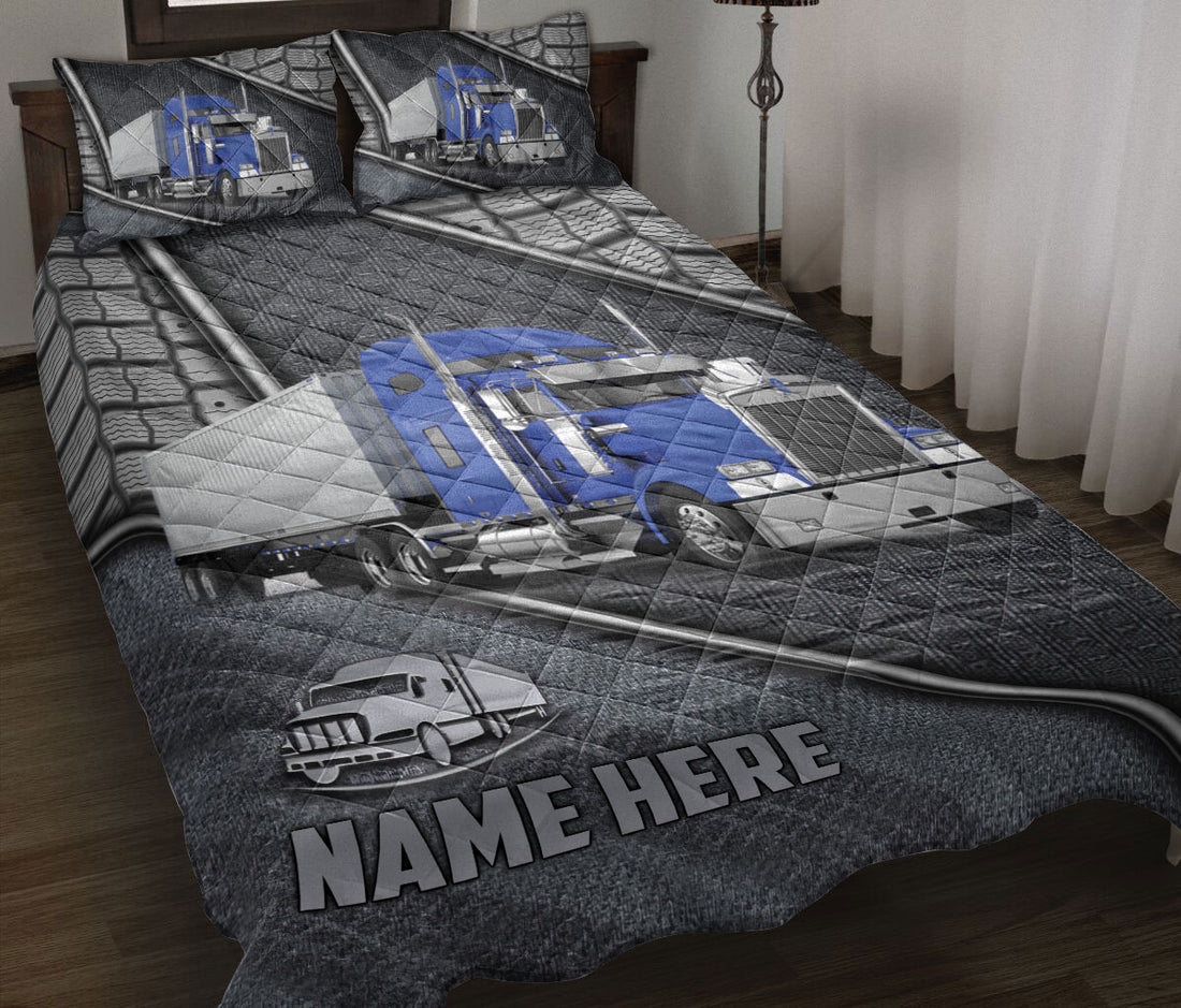 Ohaprints-Quilt-Bed-Set-Pillowcase-Blue-Truck-Driver-Trucker-Silver-Metal-Custom-Personalized-Name-Blanket-Bedspread-Bedding-3532-Throw (55'' x 60'')