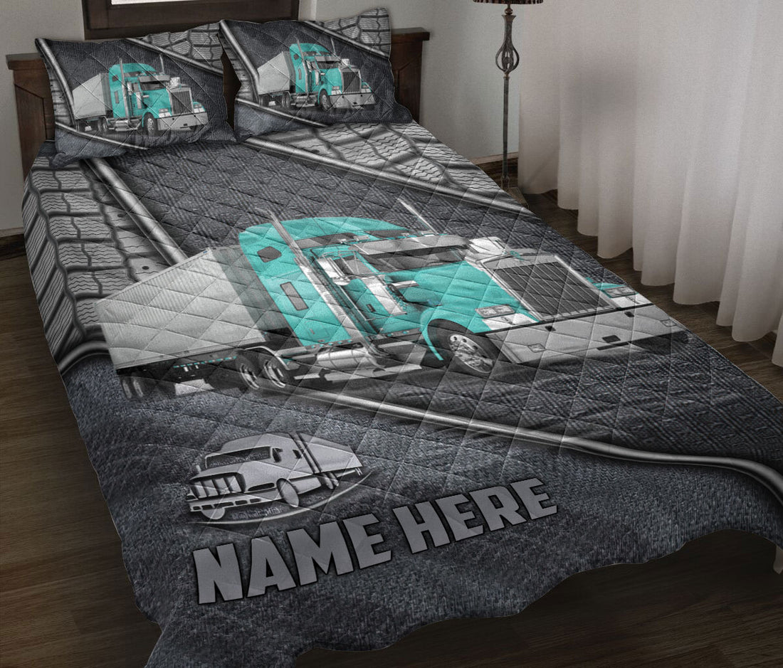 Ohaprints-Quilt-Bed-Set-Pillowcase-Cyan-Truck-Driver-Trucker-Silver-Metal-Custom-Personalized-Name-Blanket-Bedspread-Bedding-3533-Throw (55'' x 60'')