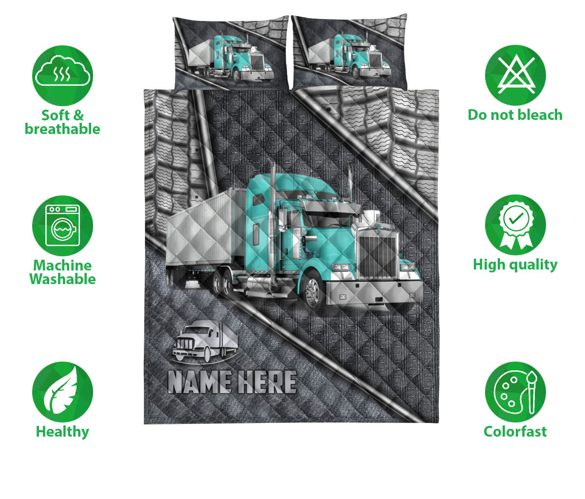 Ohaprints-Quilt-Bed-Set-Pillowcase-Cyan-Truck-Driver-Trucker-Silver-Metal-Custom-Personalized-Name-Blanket-Bedspread-Bedding-3533-Double (70'' x 80'')