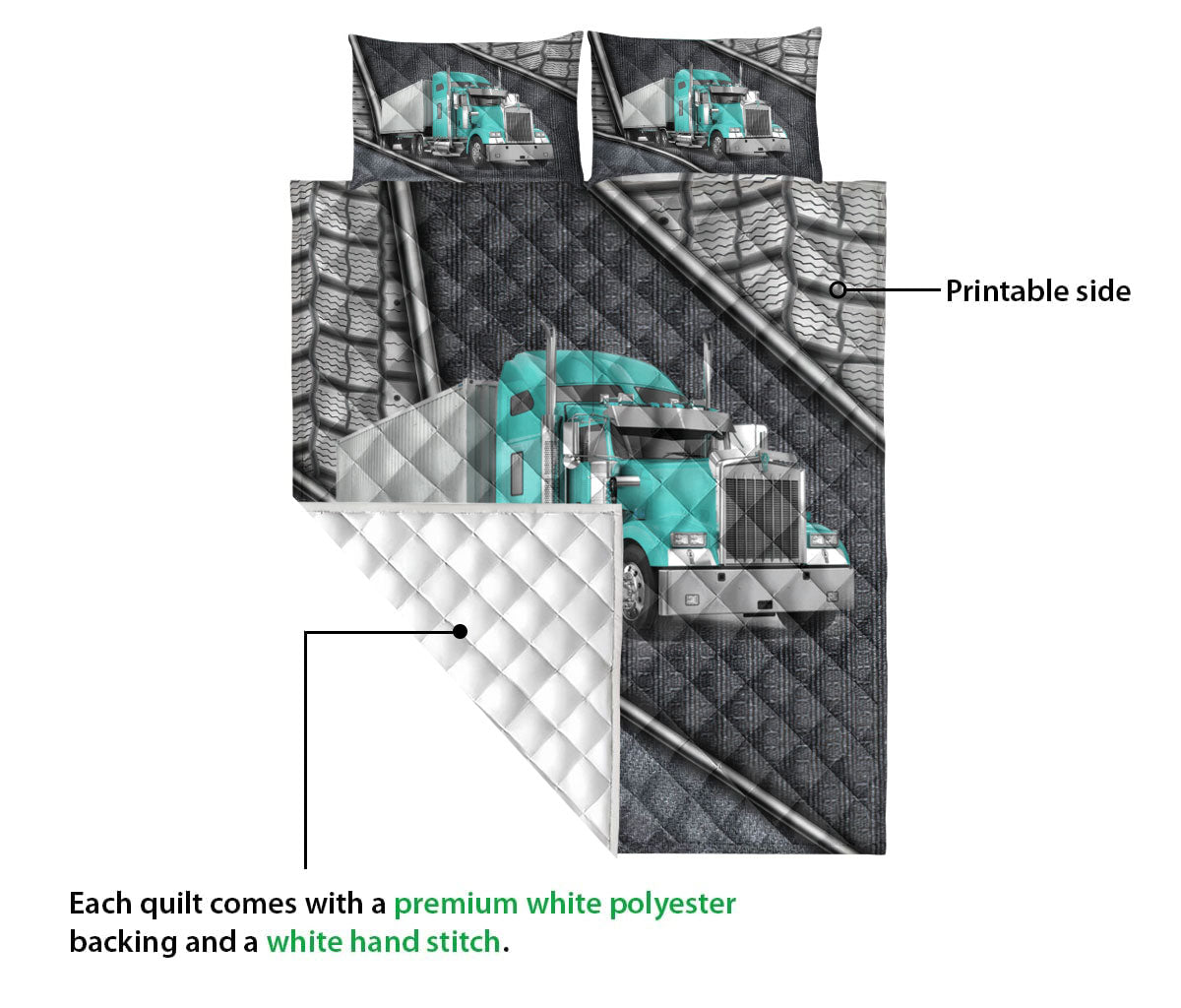 Ohaprints-Quilt-Bed-Set-Pillowcase-Cyan-Truck-Driver-Trucker-Silver-Metal-Custom-Personalized-Name-Blanket-Bedspread-Bedding-3533-Queen (80'' x 90'')