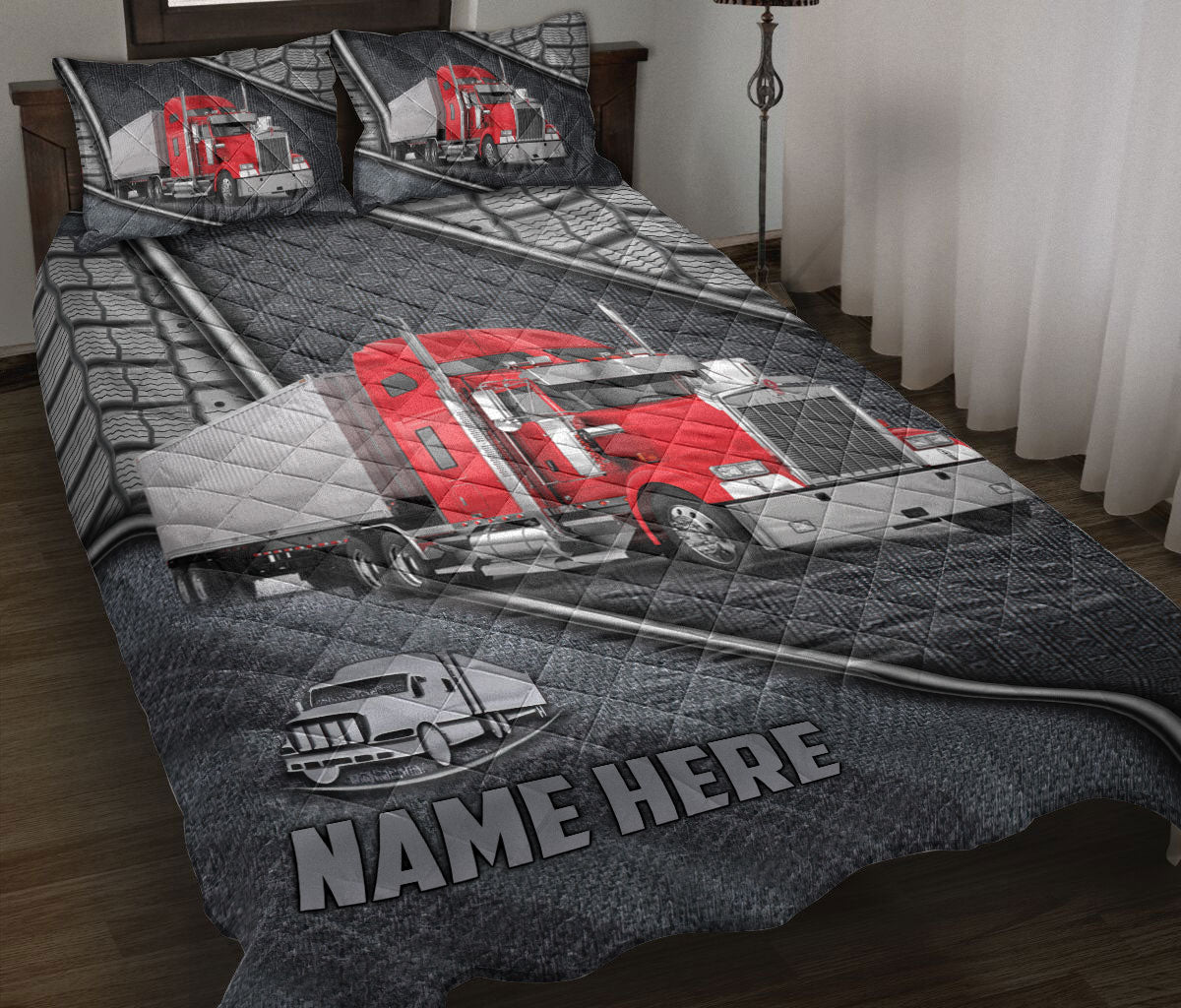 Ohaprints-Quilt-Bed-Set-Pillowcase-Red-Truck-Driver-Trucker-Silver-Metal-Custom-Personalized-Name-Blanket-Bedspread-Bedding-3534-Throw (55'' x 60'')