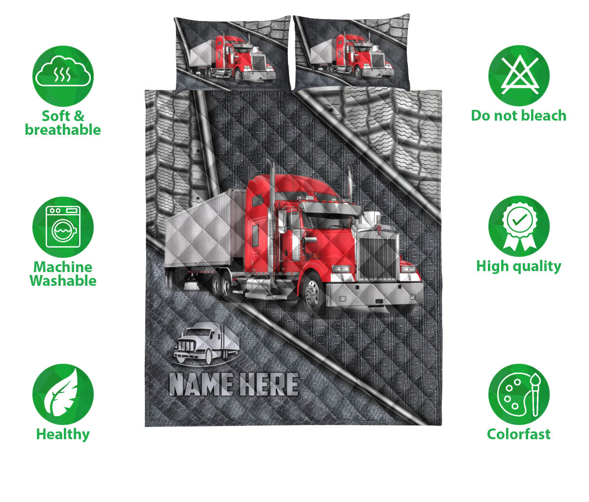 Ohaprints-Quilt-Bed-Set-Pillowcase-Red-Truck-Driver-Trucker-Silver-Metal-Custom-Personalized-Name-Blanket-Bedspread-Bedding-3534-Double (70'' x 80'')