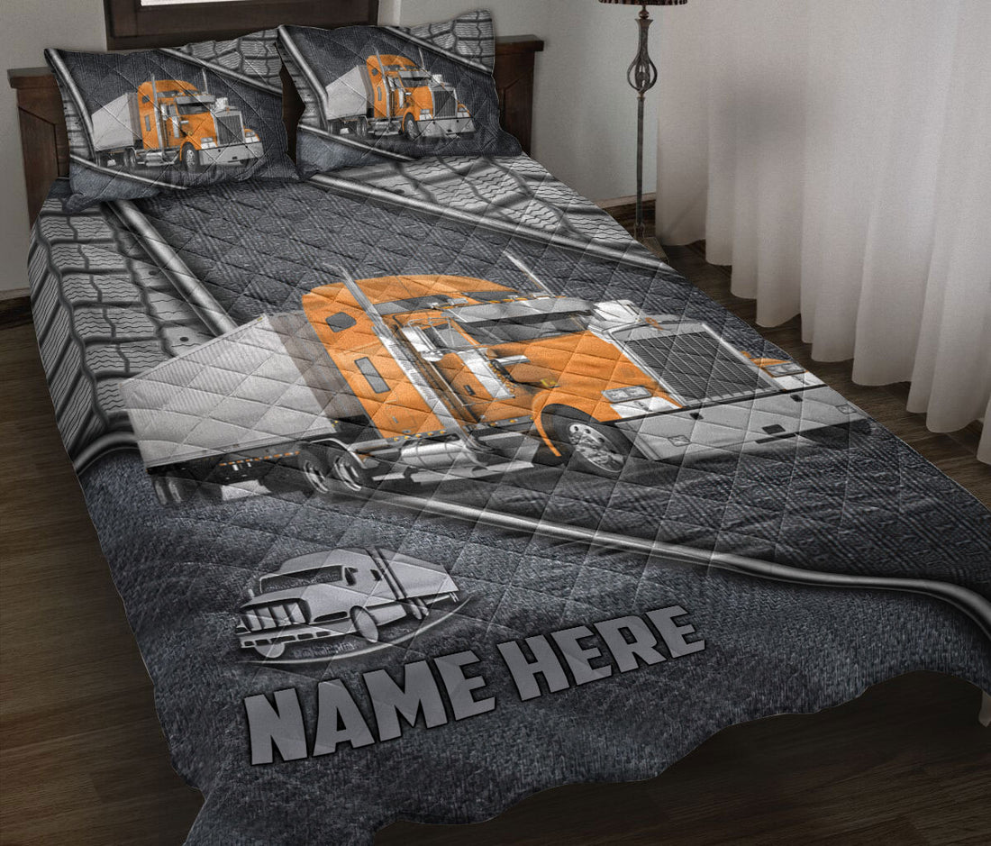 Ohaprints-Quilt-Bed-Set-Pillowcase-Orange-Truck-Driver-Trucker-Silver-Metal-Custom-Personalized-Name-Blanket-Bedspread-Bedding-3535-Throw (55'' x 60'')