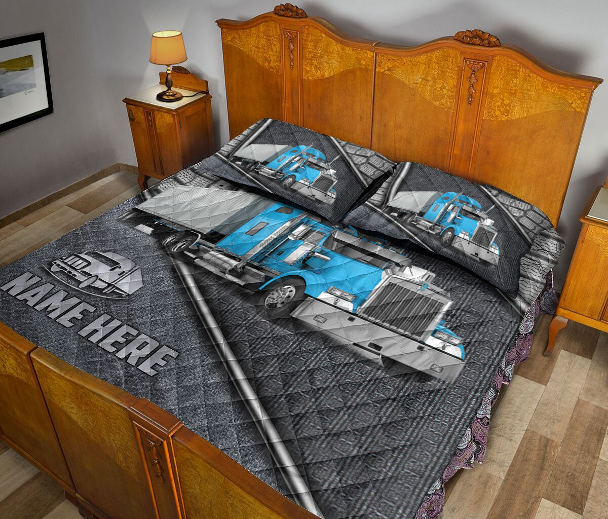 Ohaprints-Quilt-Bed-Set-Pillowcase-Blue-Trucker-Truck-Driver-Silver-Metal-Custom-Personalized-Name-Blanket-Bedspread-Bedding-3588-King (90'' x 100'')