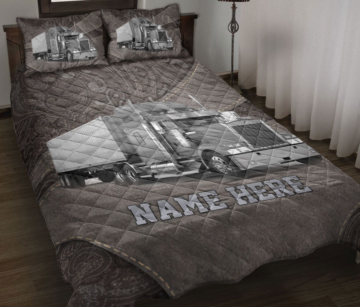 Ohaprints-Quilt-Bed-Set-Pillowcase-Gray-Truck-Brown-Pattern-Trucker-Driver-Custom-Personalized-Name-Blanket-Bedspread-Bedding-3537-Throw (55'' x 60'')