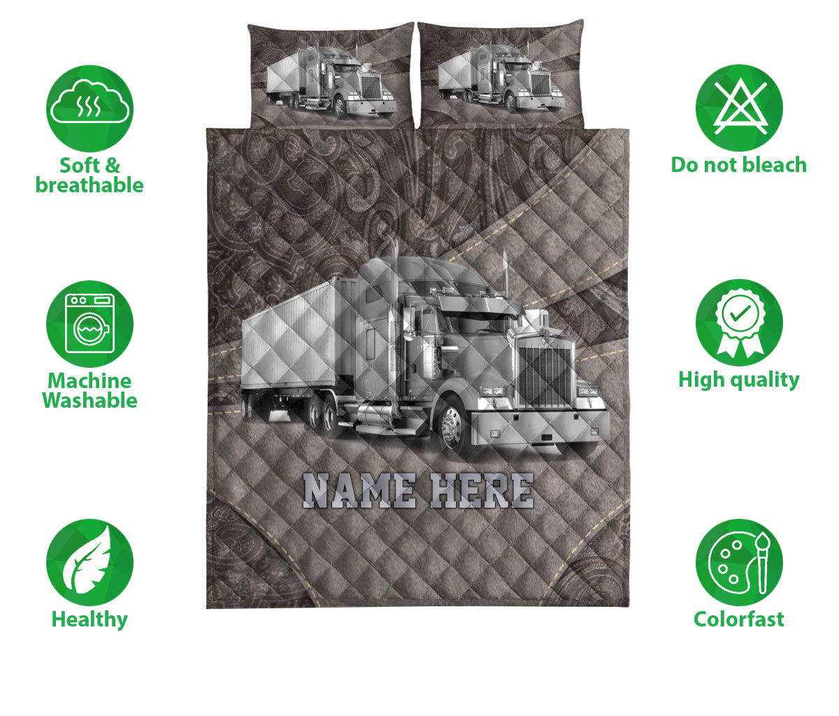 Ohaprints-Quilt-Bed-Set-Pillowcase-Gray-Truck-Brown-Pattern-Trucker-Driver-Custom-Personalized-Name-Blanket-Bedspread-Bedding-3537-Double (70'' x 80'')