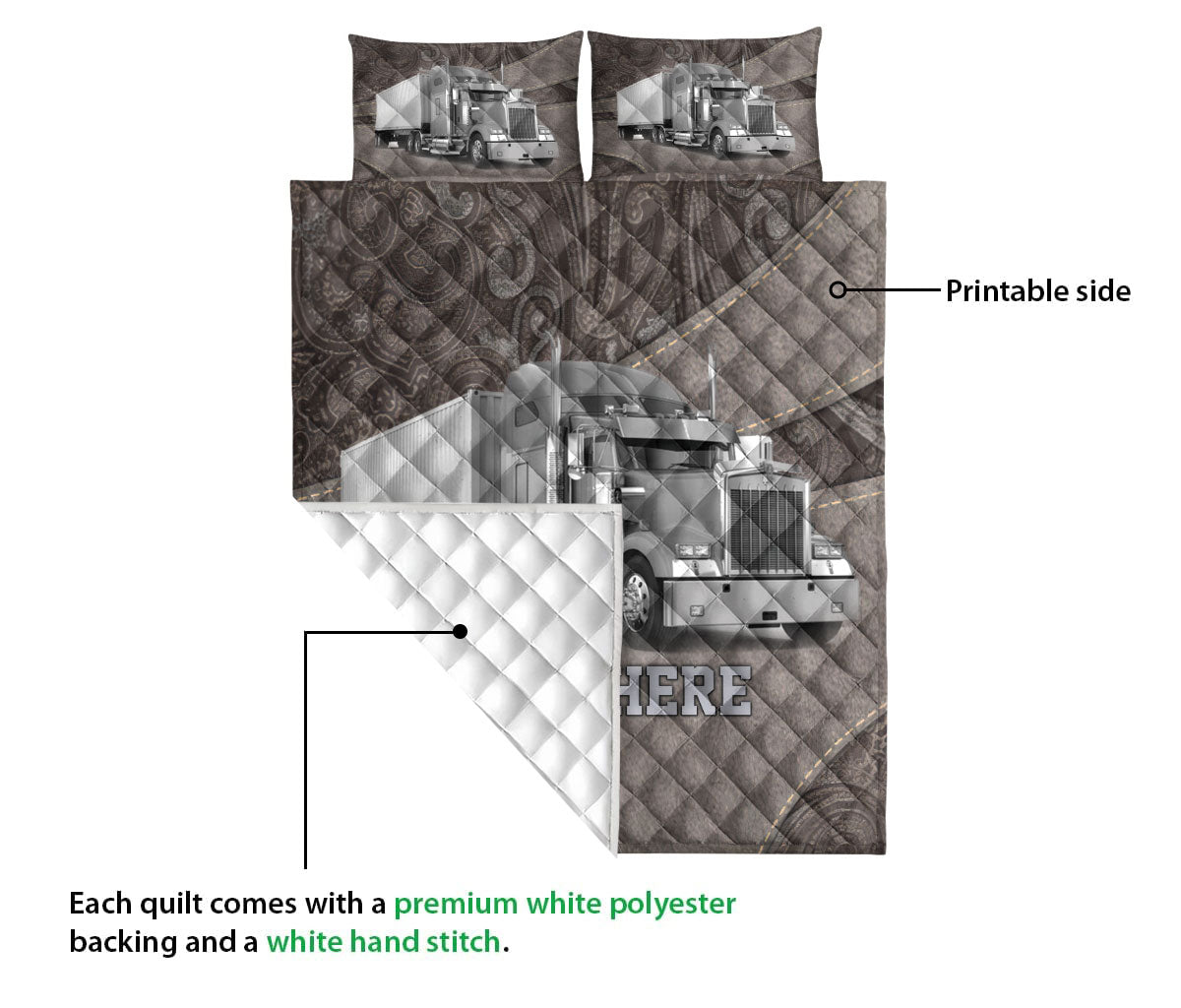 Ohaprints-Quilt-Bed-Set-Pillowcase-Gray-Truck-Brown-Pattern-Trucker-Driver-Custom-Personalized-Name-Blanket-Bedspread-Bedding-3537-Queen (80'' x 90'')