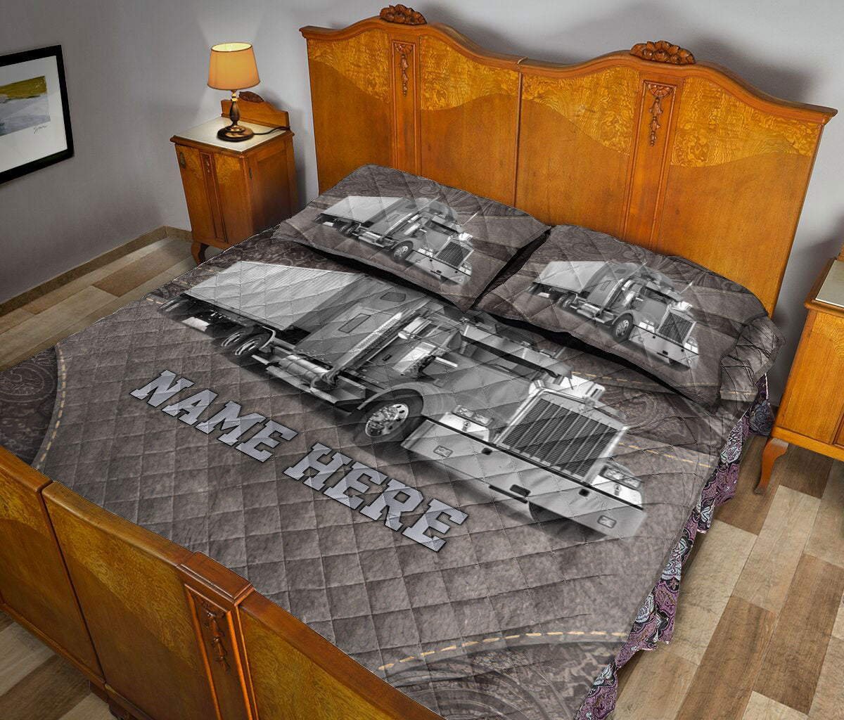 Ohaprints-Quilt-Bed-Set-Pillowcase-Gray-Truck-Brown-Pattern-Trucker-Driver-Custom-Personalized-Name-Blanket-Bedspread-Bedding-3537-King (90'' x 100'')