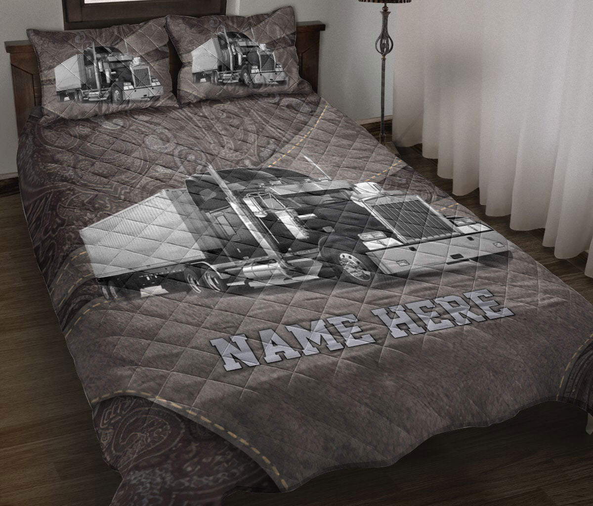 Ohaprints-Quilt-Bed-Set-Pillowcase-Black-Truck-Brown-Pattern-Trucker-Driver-Custom-Personalized-Name-Blanket-Bedspread-Bedding-3538-Throw (55'' x 60'')