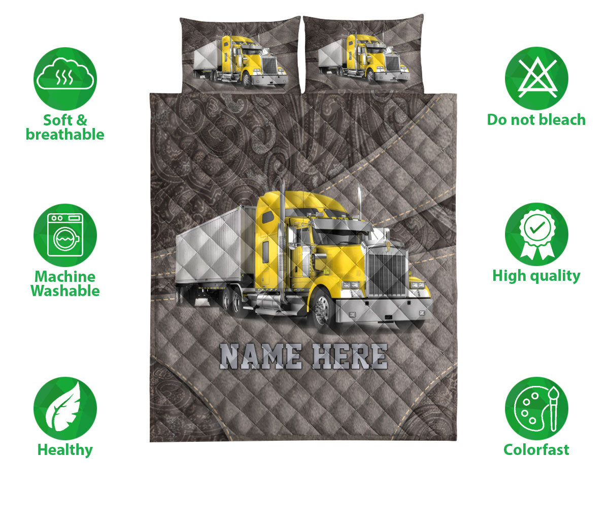 Ohaprints-Quilt-Bed-Set-Pillowcase-Yellow-Truck-Brown-Pattern-Trucker-Driver-Custom-Personalized-Name-Blanket-Bedspread-Bedding-3539-Double (70'' x 80'')