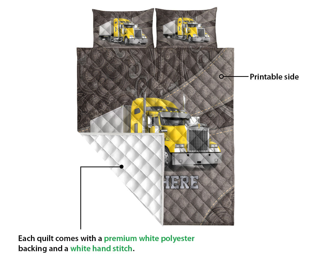 Ohaprints-Quilt-Bed-Set-Pillowcase-Yellow-Truck-Brown-Pattern-Trucker-Driver-Custom-Personalized-Name-Blanket-Bedspread-Bedding-3539-Queen (80'' x 90'')