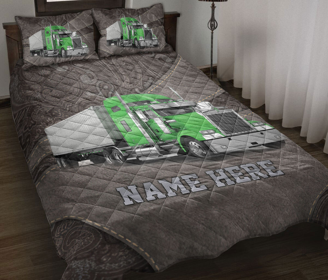 Ohaprints-Quilt-Bed-Set-Pillowcase-Green-Truck-Brown-Pattern-Trucker-Driver-Custom-Personalized-Name-Blanket-Bedspread-Bedding-3540-Throw (55'' x 60'')