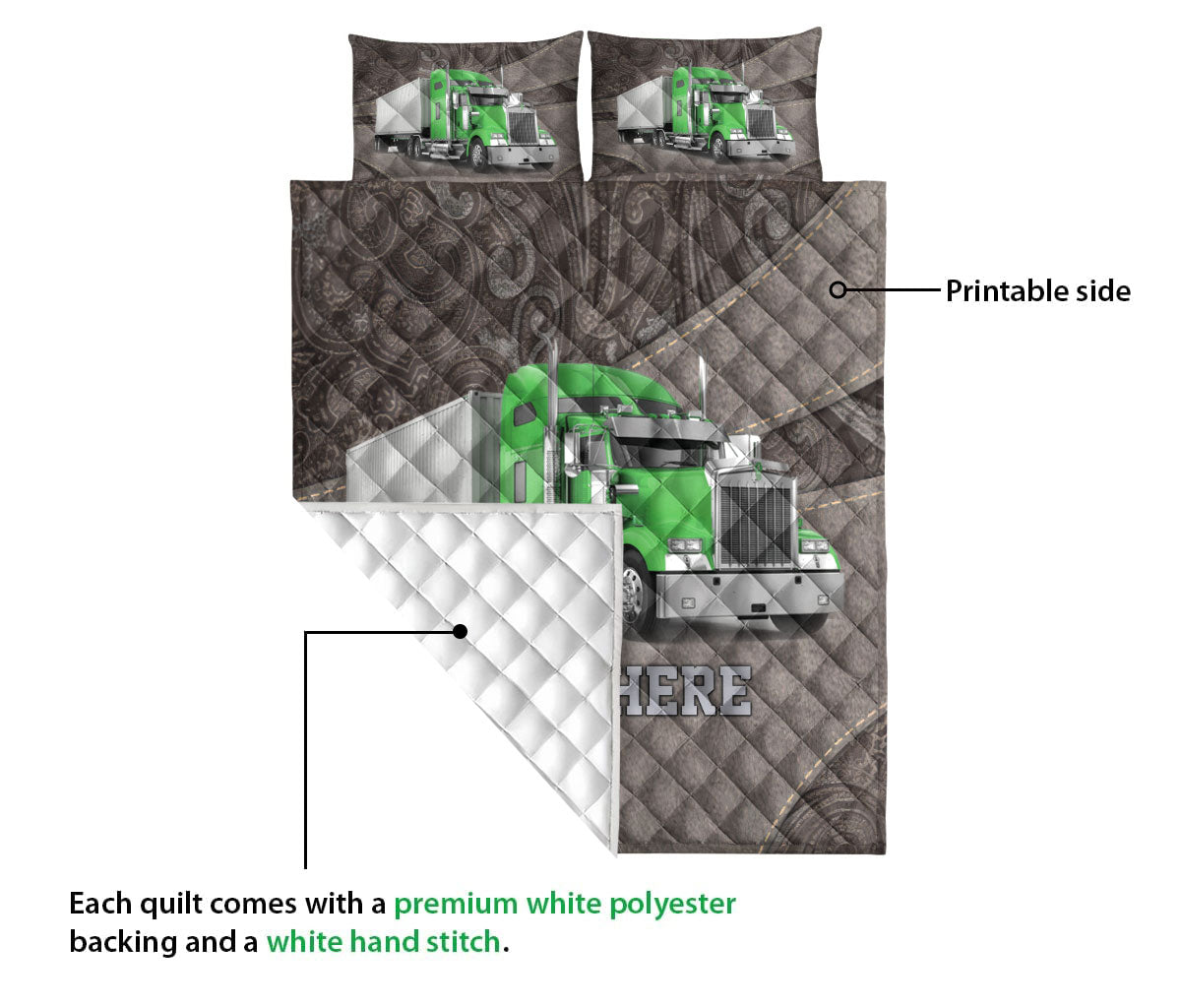 Ohaprints-Quilt-Bed-Set-Pillowcase-Green-Truck-Brown-Pattern-Trucker-Driver-Custom-Personalized-Name-Blanket-Bedspread-Bedding-3540-Queen (80'' x 90'')