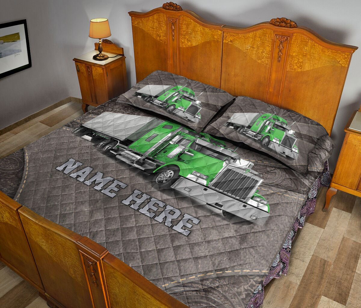 Ohaprints-Quilt-Bed-Set-Pillowcase-Green-Truck-Brown-Pattern-Trucker-Driver-Custom-Personalized-Name-Blanket-Bedspread-Bedding-3540-King (90'' x 100'')