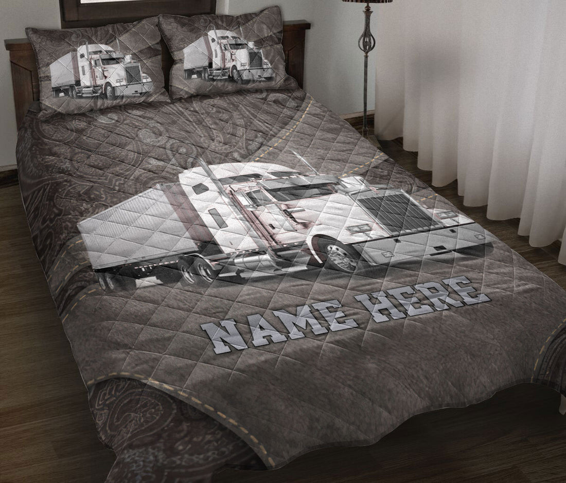 Ohaprints-Quilt-Bed-Set-Pillowcase-White-Truck-Brown-Pattern-Trucker-Driver-Custom-Personalized-Name-Blanket-Bedspread-Bedding-3541-Throw (55'' x 60'')