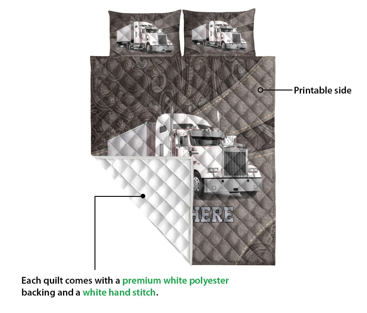 Ohaprints-Quilt-Bed-Set-Pillowcase-White-Truck-Brown-Pattern-Trucker-Driver-Custom-Personalized-Name-Blanket-Bedspread-Bedding-3541-Queen (80'' x 90'')