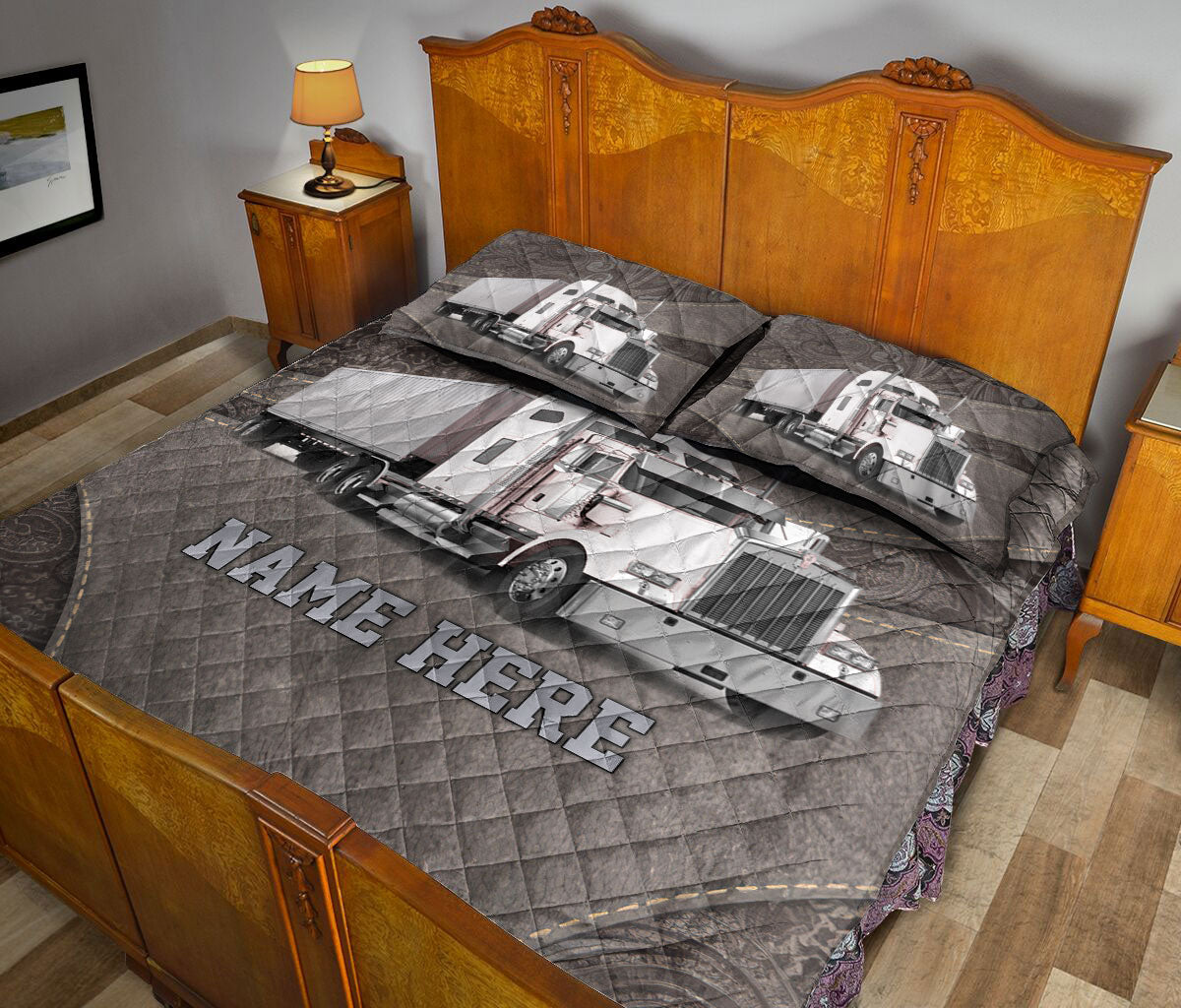 Ohaprints-Quilt-Bed-Set-Pillowcase-White-Truck-Brown-Pattern-Trucker-Driver-Custom-Personalized-Name-Blanket-Bedspread-Bedding-3541-King (90'' x 100'')