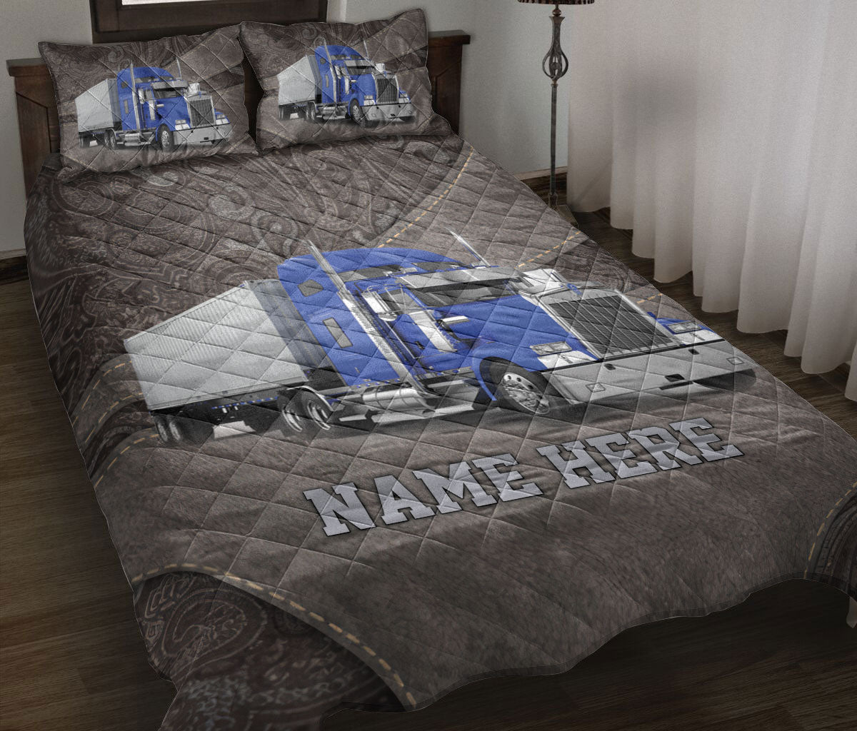 Ohaprints-Quilt-Bed-Set-Pillowcase-Blue-Truck-Brown-Pattern-Trucker-Driver-Custom-Personalized-Name-Blanket-Bedspread-Bedding-3542-Throw (55'' x 60'')