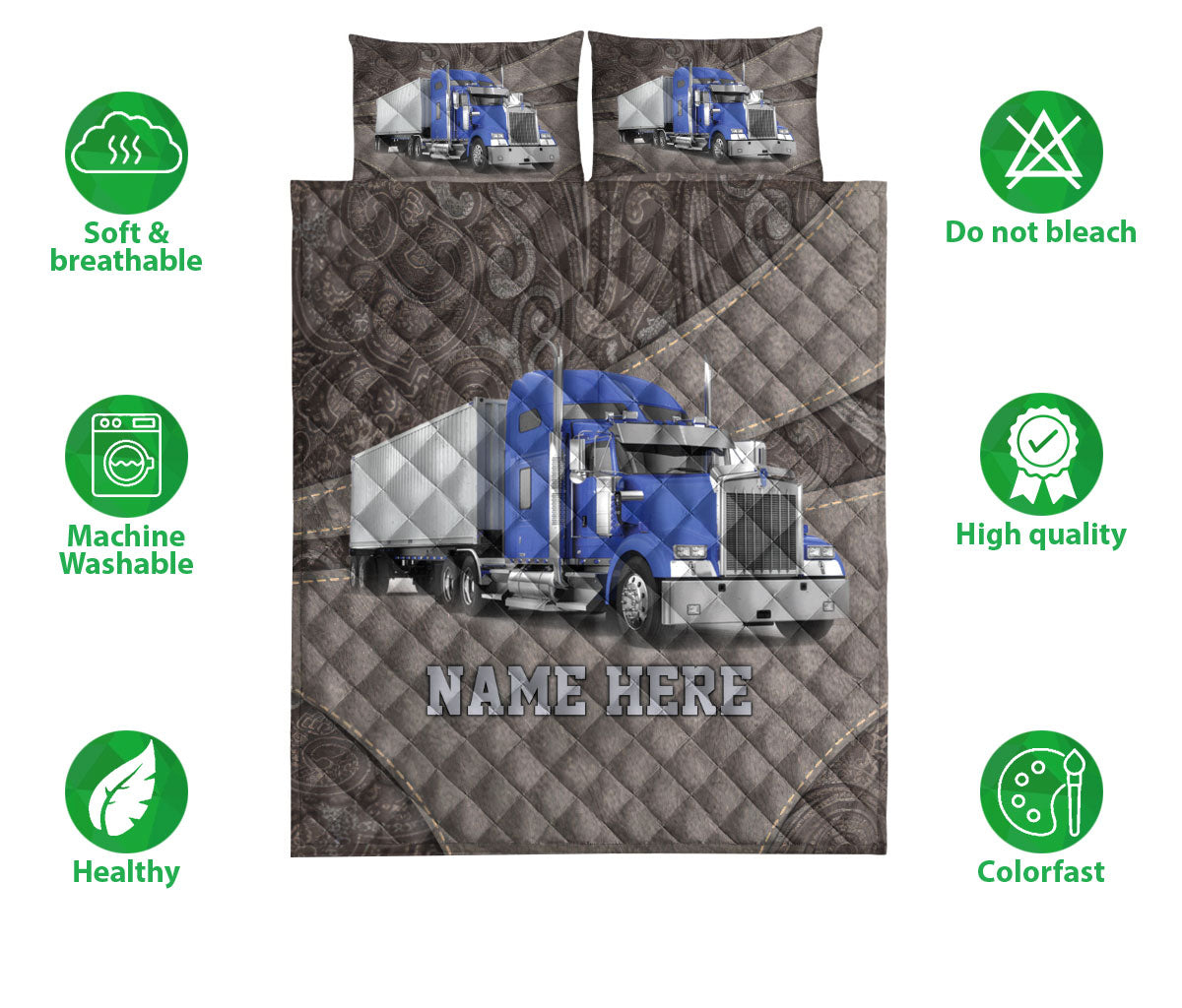 Ohaprints-Quilt-Bed-Set-Pillowcase-Blue-Truck-Brown-Pattern-Trucker-Driver-Custom-Personalized-Name-Blanket-Bedspread-Bedding-3542-Double (70'' x 80'')