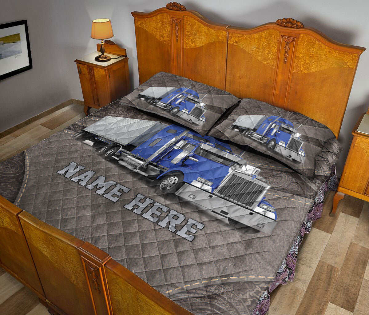 Ohaprints-Quilt-Bed-Set-Pillowcase-Blue-Truck-Brown-Pattern-Trucker-Driver-Custom-Personalized-Name-Blanket-Bedspread-Bedding-3542-King (90'' x 100'')