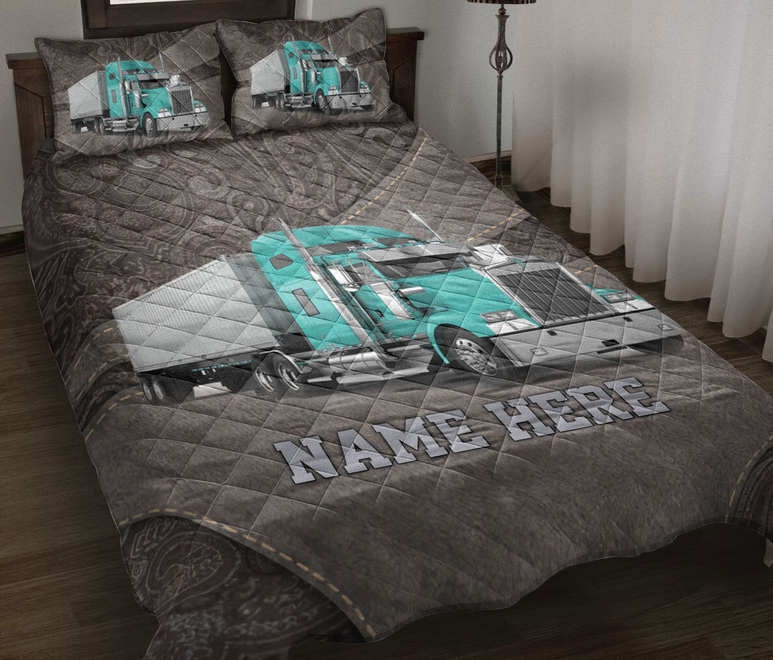 Ohaprints-Quilt-Bed-Set-Pillowcase-Cyan-Truck-Brown-Pattern-Trucker-Driver-Custom-Personalized-Name-Blanket-Bedspread-Bedding-3575-Throw (55'' x 60'')