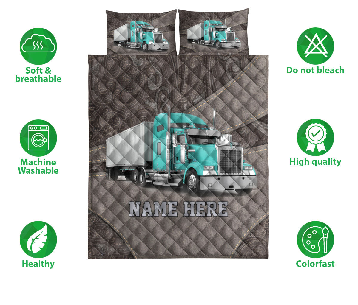 Ohaprints-Quilt-Bed-Set-Pillowcase-Cyan-Truck-Brown-Pattern-Trucker-Driver-Custom-Personalized-Name-Blanket-Bedspread-Bedding-3575-Double (70'' x 80'')