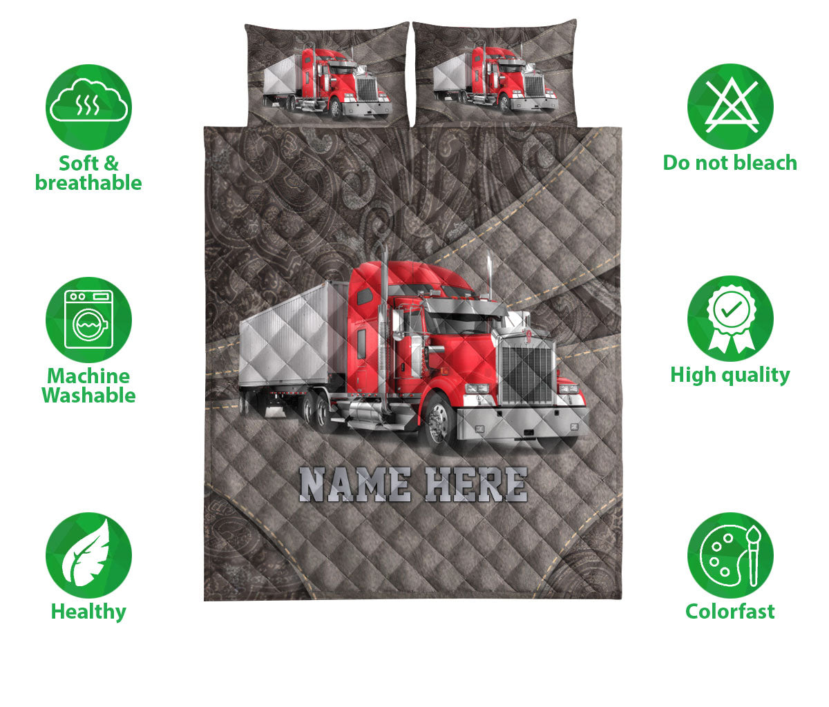 Ohaprints-Quilt-Bed-Set-Pillowcase-Red-Truck-Brown-Pattern-Trucker-Driver-Custom-Personalized-Name-Blanket-Bedspread-Bedding-3543-Double (70'' x 80'')